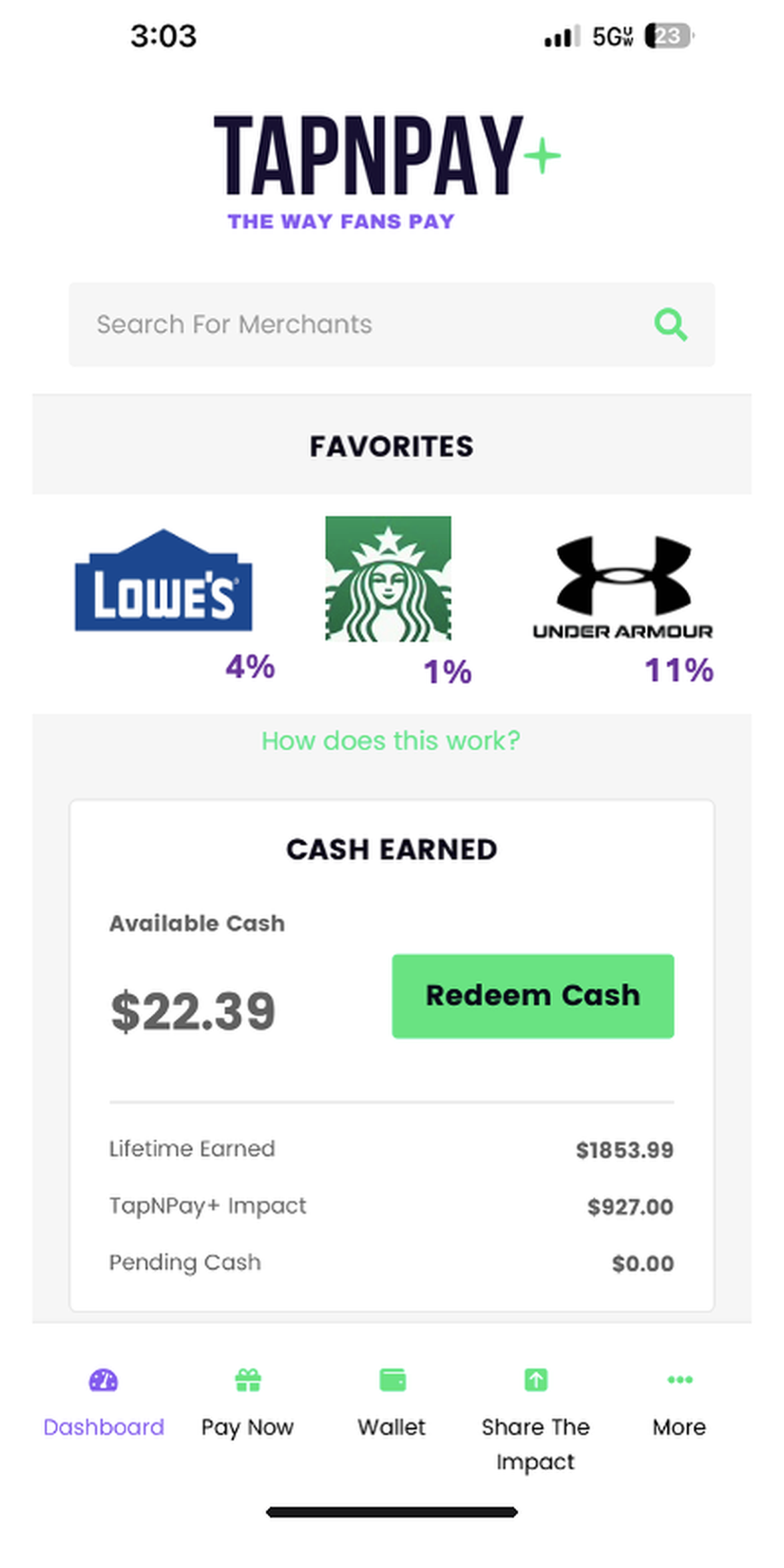 The TapNPay+ app showing brands and the cash back each one offers
