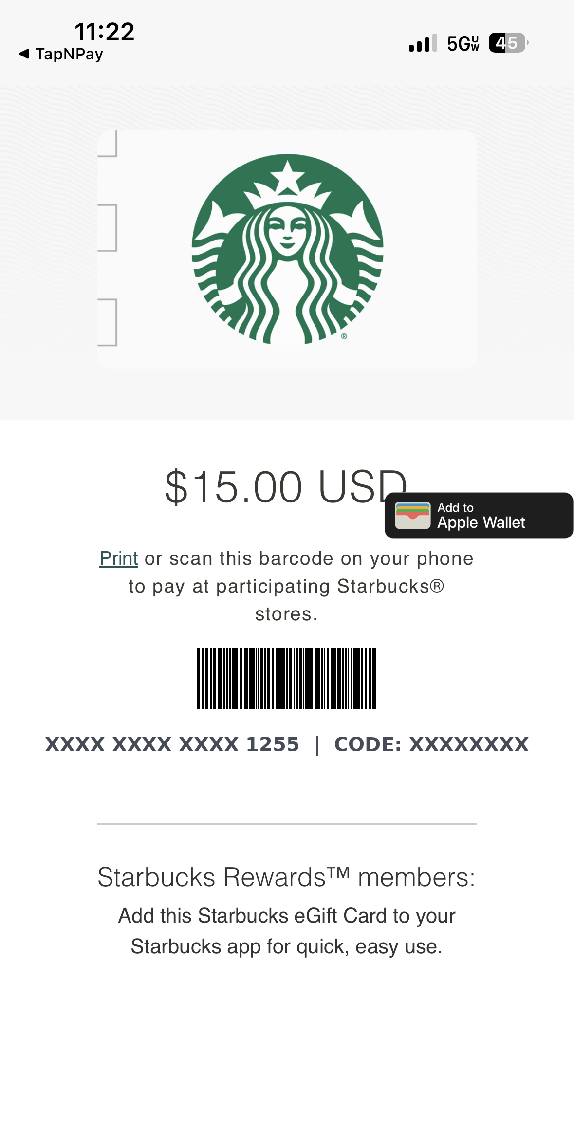 A digital gift card issued for the exact amount, ready to pay in store