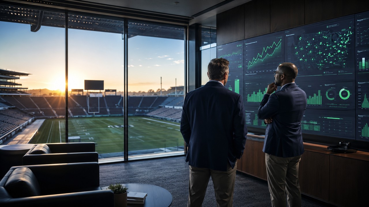 Athletic department leadership reviewing program revenue on a data wall above the stadium