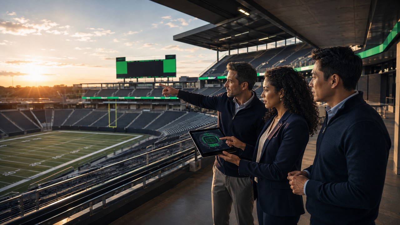 Staff reviewing fan seating and spend data in the stadium bowl