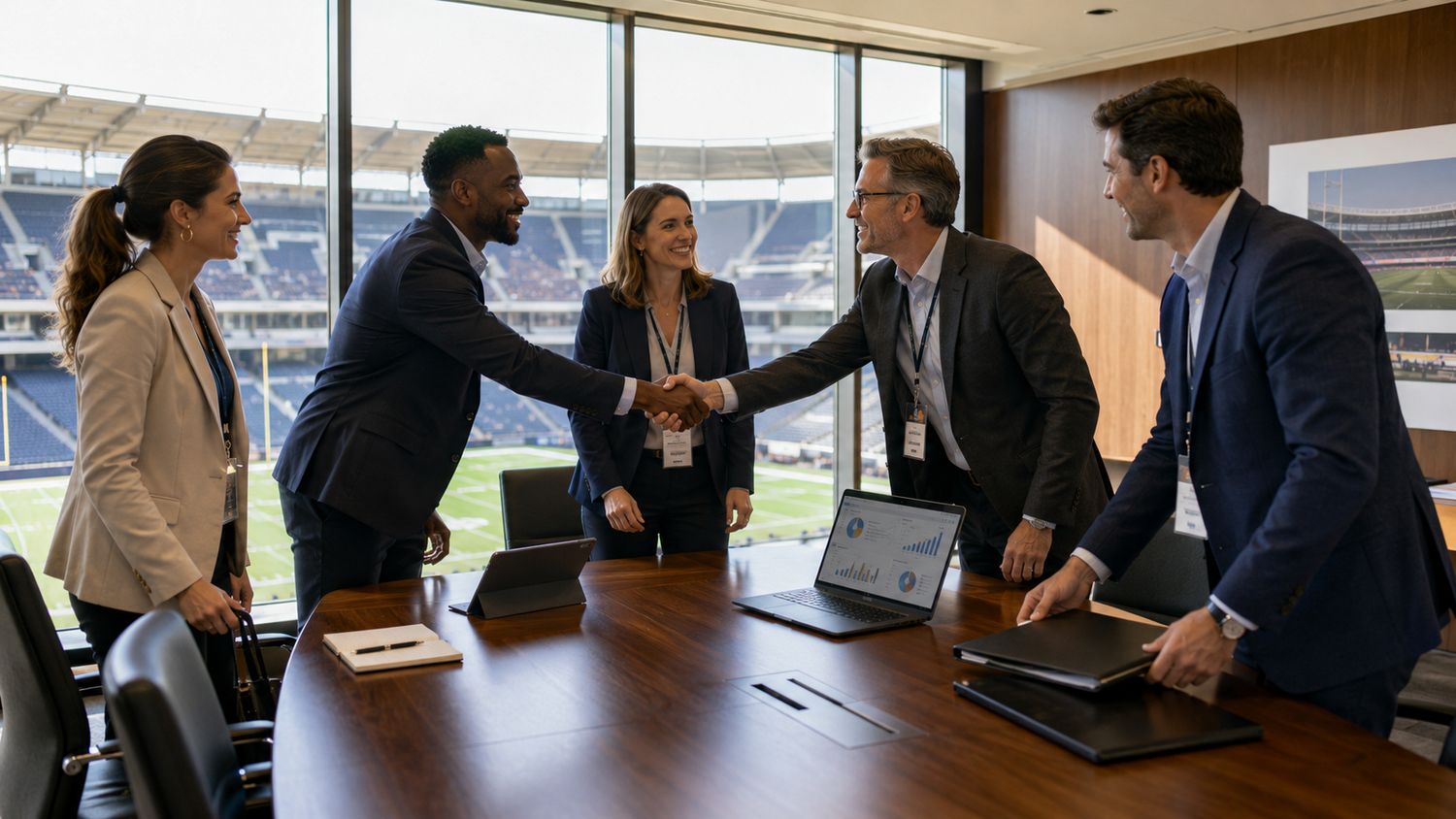 A brand partnership meeting overlooking the stadium