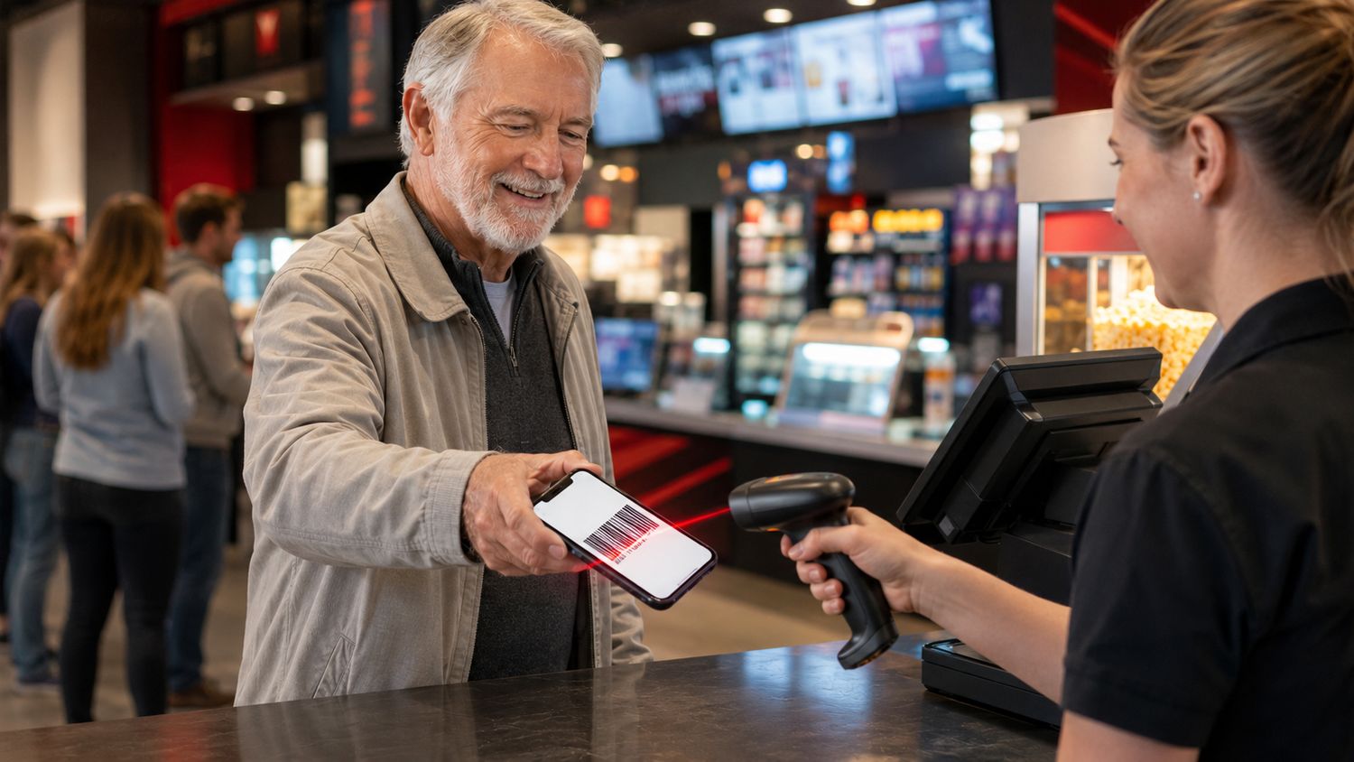 A Real Fan paying with a TapNPay+ digital gift card at the counter