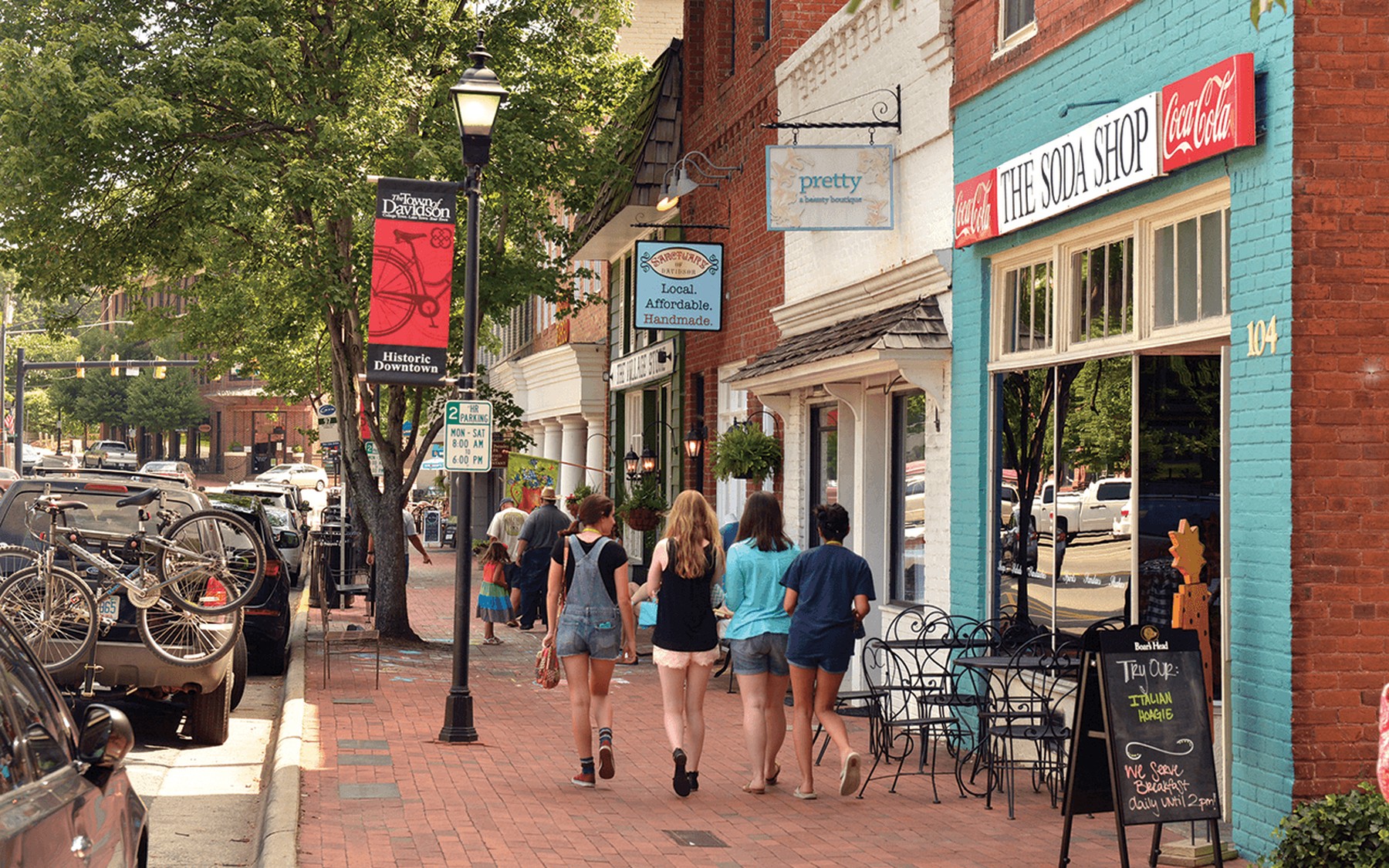 Shops and restaurants on a college town main street