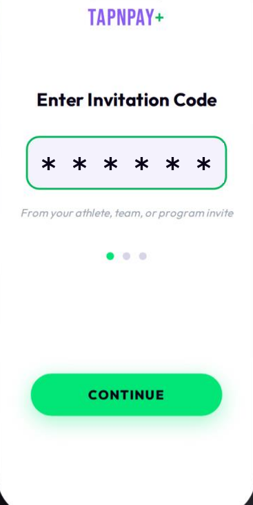 Entering an invitation code in the TapNPay+ app