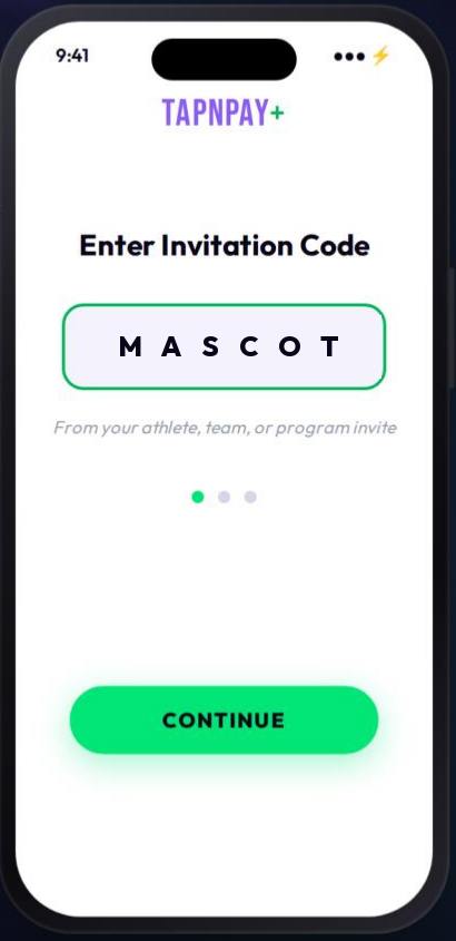 TapNPay+ invitation code entry screen showing the code REALFAN
