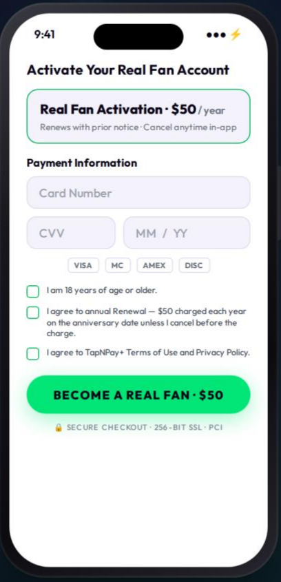 TapNPay+ activation screen showing the fifty dollar annual membership