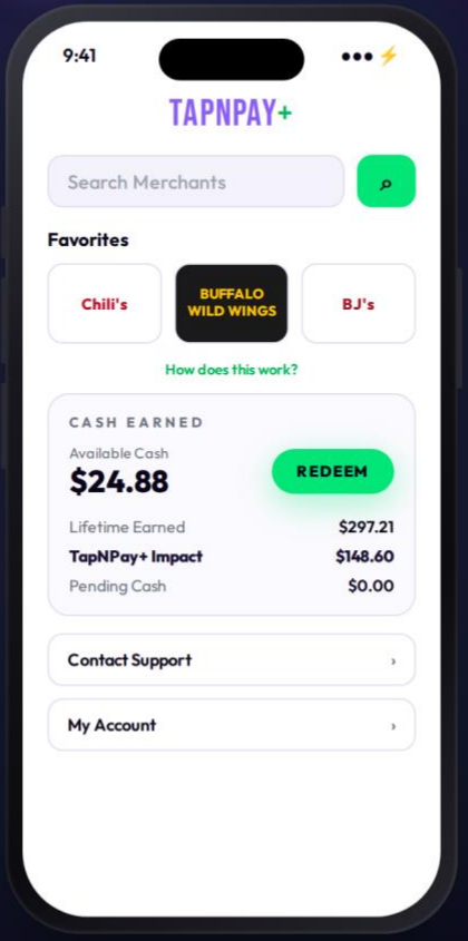 TapNPay+ home screen showing favorite brands and cash earned