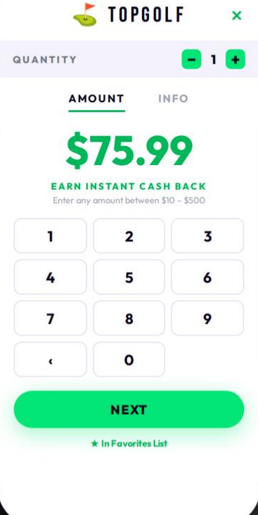 Choosing an amount at Topgolf in the TapNPay+ app