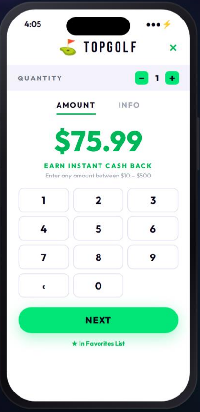 TapNPay+ keypad showing a purchase amount earning instant cash back