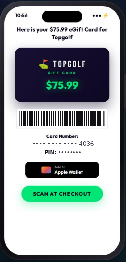 TapNPay+ digital gift card for the exact purchase amount, ready to scan or add to Apple Wallet